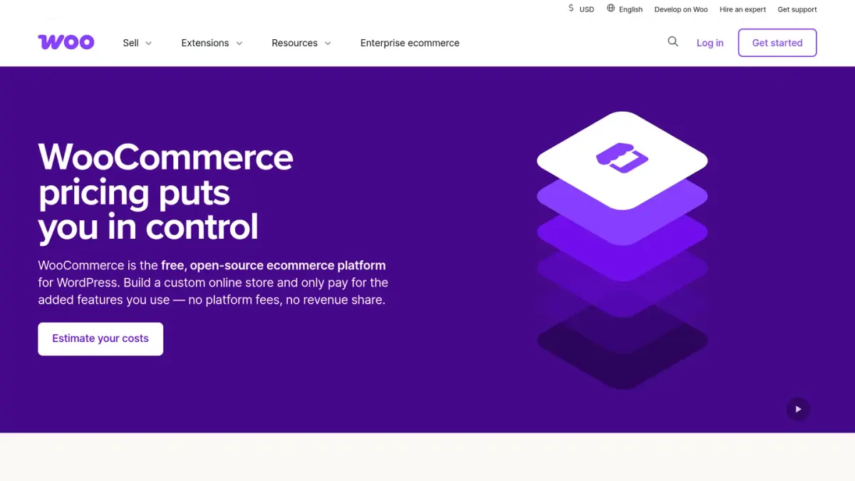 WooCommerce pricing page describing the free, open source ecommerce platform for WordPress with no platform fees