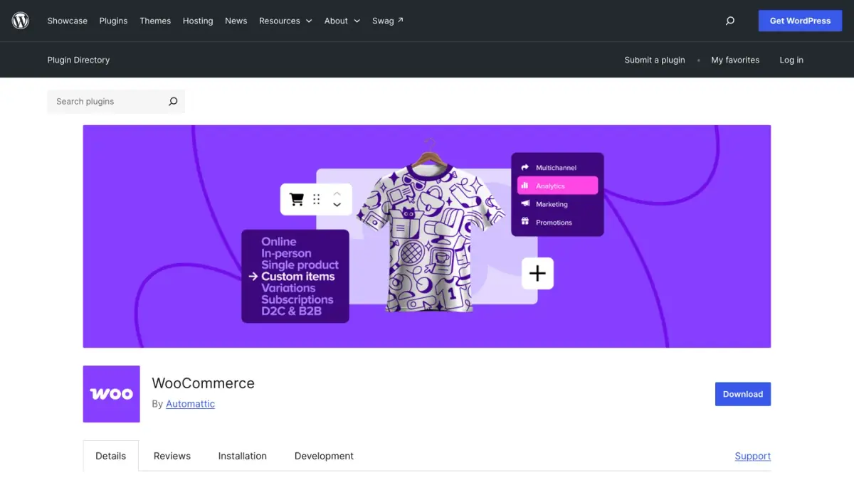 WooCommerce plugin page in the WordPress.org plugin directory, where the free plugin is downloaded